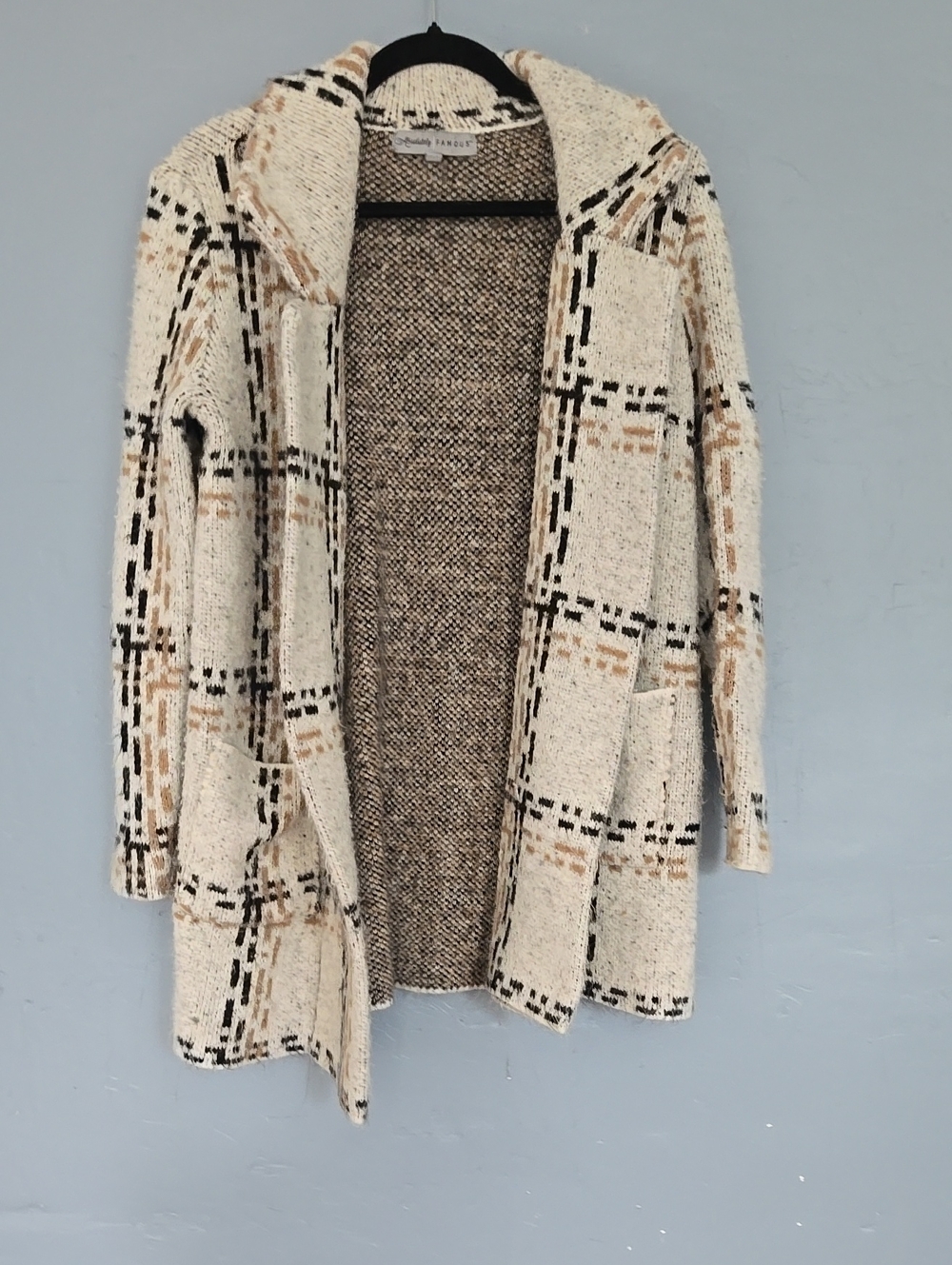 Open-Front Plaid Bouclé Sweater Cardigan - Cream/Tan